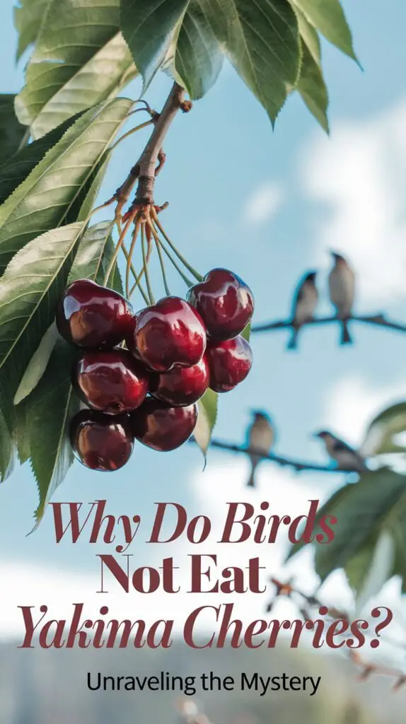 A bunch of ripe, deep-red Yakima cherries hanging from a tree branch, untouched by birds, with a clear blue sky in the background. The cherries glisten under the sunlight, looking tempting but surprisingly undisturbed. In the distance, a few birds are perched on a nearby branch, seemingly ignoring the fruit. The scene evokes curiosity about this unusual behavior. The text overlay reads 'Why Do Birds Not Eat Yakima Cherries? Unraveling the Mystery' in a bold, elegant font with shades of cherry red and white, adding a touch of intrigue to the visual.