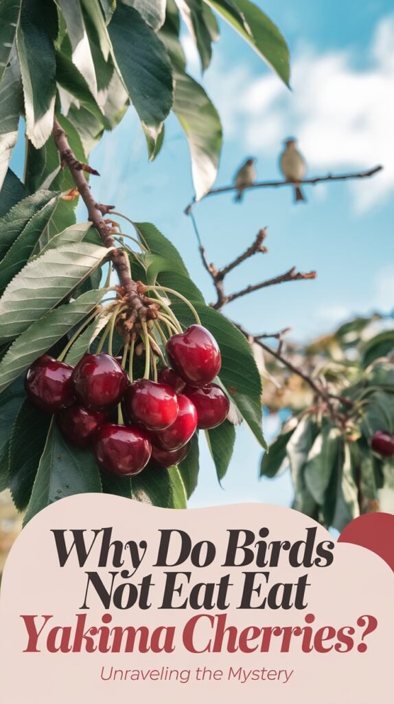 A bunch of ripe, deep-red Yakima cherries hanging from a tree branch, untouched by birds, with a clear blue sky in the background. The cherries glisten under the sunlight, looking tempting but surprisingly undisturbed. In the distance, a few birds are perched on a nearby branch, seemingly ignoring the fruit. The scene evokes curiosity about this unusual behavior. The text overlay reads 'Why Do Birds Not Eat Yakima Cherries? Unraveling the Mystery' in a bold, elegant font with shades of cherry red and white, adding a touch of intrigue to the visual.