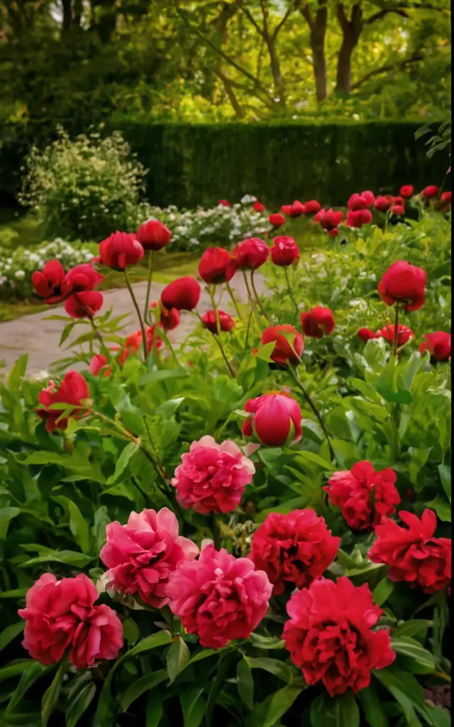 Red peonies are lush, showy perennials known for their vibrant, deep red blooms, symbolizing love, honor, and prosperity, thriving in full sun and well-draining soil.