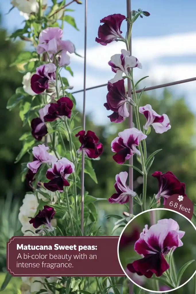 An elegant display of the heirloom 'Matucana' sweet pea variety in a garden setting. The flowers showcase their striking bicolor purple and maroon petals, climbing gracefully up a trellis. The background features lush greenery and a bright blue sky, emphasizing the flowers' height of 6-8 feet. Include a close-up of the blooms highlighting their strong, classic sweet pea fragrance. Text overlay reads, 'Matucana Sweet Pea: A Bicolor Beauty with an Intense Fragrance.

Sweet Pea