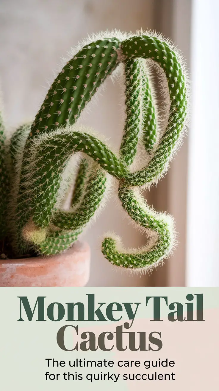 A close-up of a Monkey Tail Cactus with its unique, trailing stems covered in soft, hair-like spines. The cactus’s quirky, long, and curling stems hang elegantly from a pot, contrasting against a neutral indoor background with soft natural lighting. The vibrant green of the cactus is highlighted, giving a sense of its playful and unique appearance. The text overlay reads 'Monkey Tail Cactus: The Ultimate Care Guide for This Quirky Succulent' in a bold, modern font with earthy green and brown tones to reflect the natural, quirky charm of the plant.