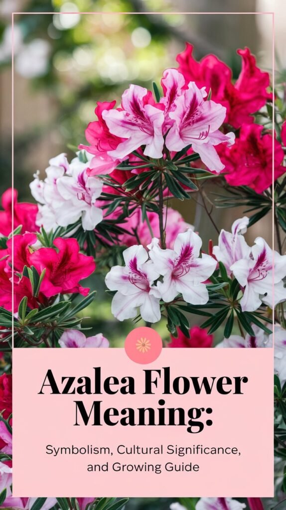 A close-up of vibrant azalea flowers in full bloom, showcasing their rich pink, red, and white petals. The flowers are arranged against a soft, natural garden background with dappled sunlight. The scene captures the beauty and elegance of the azaleas, symbolizing their cultural significance. A peaceful garden setting highlights the plant's ornamental appeal. The text overlay reads 'Azalea Flower Meaning: Symbolism, Cultural Significance, and Growing Guide' in an elegant, modern font with pink and green tones to reflect the flower’s beauty and deep symbolism.