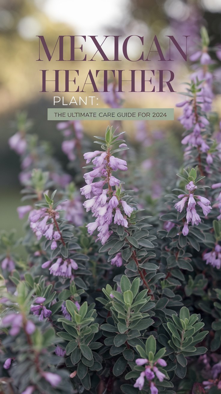 A beautiful close-up of a Mexican Heather plant, displaying its lush, vibrant green foliage and delicate, small purple flowers. The plant is thriving under soft, natural light, with a few flowers in full bloom. The background is a blurred garden scene, highlighting the plant’s elegant, compact appearance. The text overlay reads 'Mexican Heather Plant: The Ultimate Care Guide for 2024' in a bold yet elegant font, using purple and green tones to match the plant's colors, evoking a sense of expert care and growth