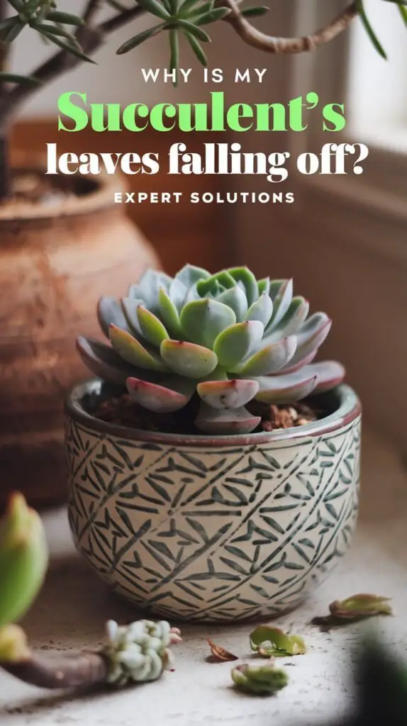 A close-up image of a succulent plant with a few fallen leaves around the base, placed in a decorative pot. The setting includes a cozy indoor scene, with soft lighting highlighting the succulent's texture and color. Some of the leaves appear slightly wilted, indicating the issue of leaf drop. The text overlay reads 'Why Is My Succulent's Leaves Falling Off? Expert Solutions' in a bold, clear font, with green and earthy tones to create a natural, calming feel. The overall mood should evoke curiosity and a desire for helpful, expert advice.