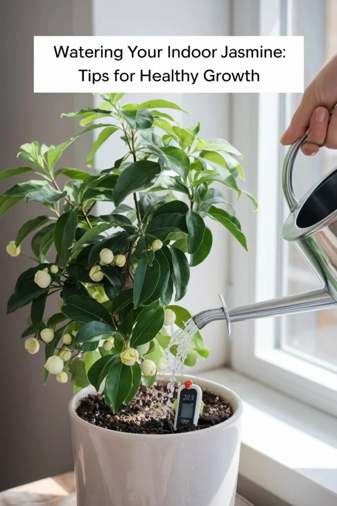 A close-up view of a potted indoor jasmine plant, with lush green leaves and small white buds. A hand is gently watering the plant with a watering can, showing the proper watering technique. The soil looks moist but not waterlogged, and a small moisture meter is placed in the pot for precision. Sunlight streams in through a nearby window, illuminating the scene. Text overlay reads, 'Watering Your Indoor Jasmine: Tips for Healthy Growth.