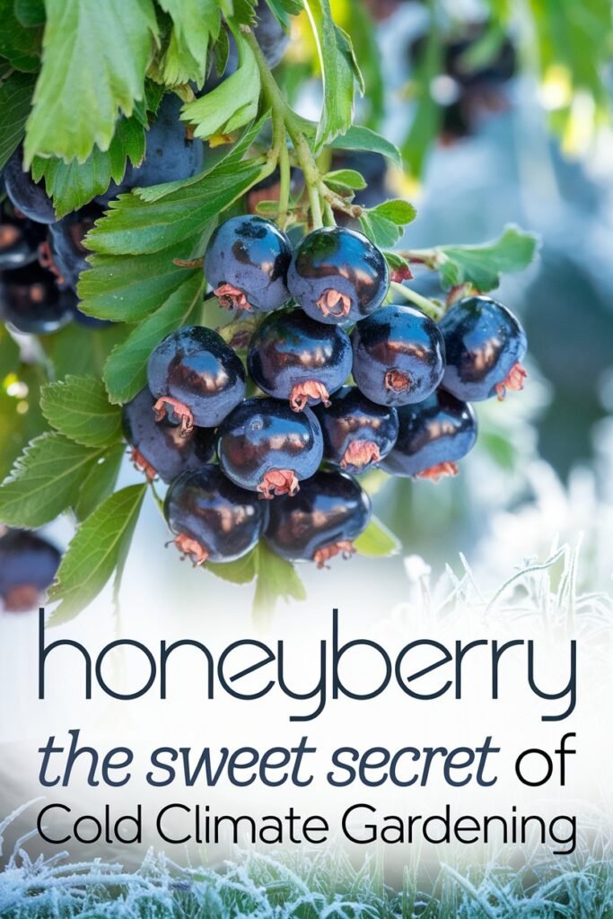 A photo of a close-up view of ripe, deep-blue honeyberries hanging from lush green branches, glistening with freshness. The background features a cool, frosty garden scene, emphasizing the cold climate where these berries thrive. Soft, natural light enhances the vibrant green leaves and the striking color of the honeyberries. The text overlay reads 'Honeyberry: The Sweet Secret of Cold Climate Gardening' in a sleek, modern font, using cool blue and green tones to evoke the fresh, crisp atmosphere of a cold climate garden.