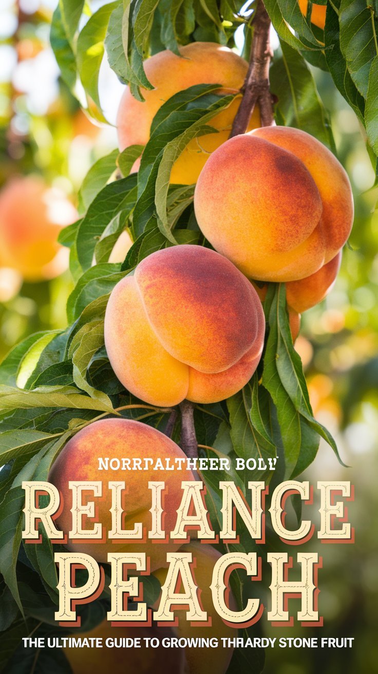 A close-up view of ripe, golden-orange Reliance peaches hanging from a tree branch, surrounded by vibrant green leaves. The peaches have a sun-kissed glow, highlighting their juicy, hardy nature. The background features a sunny orchard with soft, warm light filtering through, evoking a sense of a bountiful harvest. The text overlay reads 'Reliance Peach: The Ultimate Guide to Growing This Hardy Stone Fruit' in a bold, rustic font with warm peach and green tones, reflecting the natural beauty and resilience of this fruit.