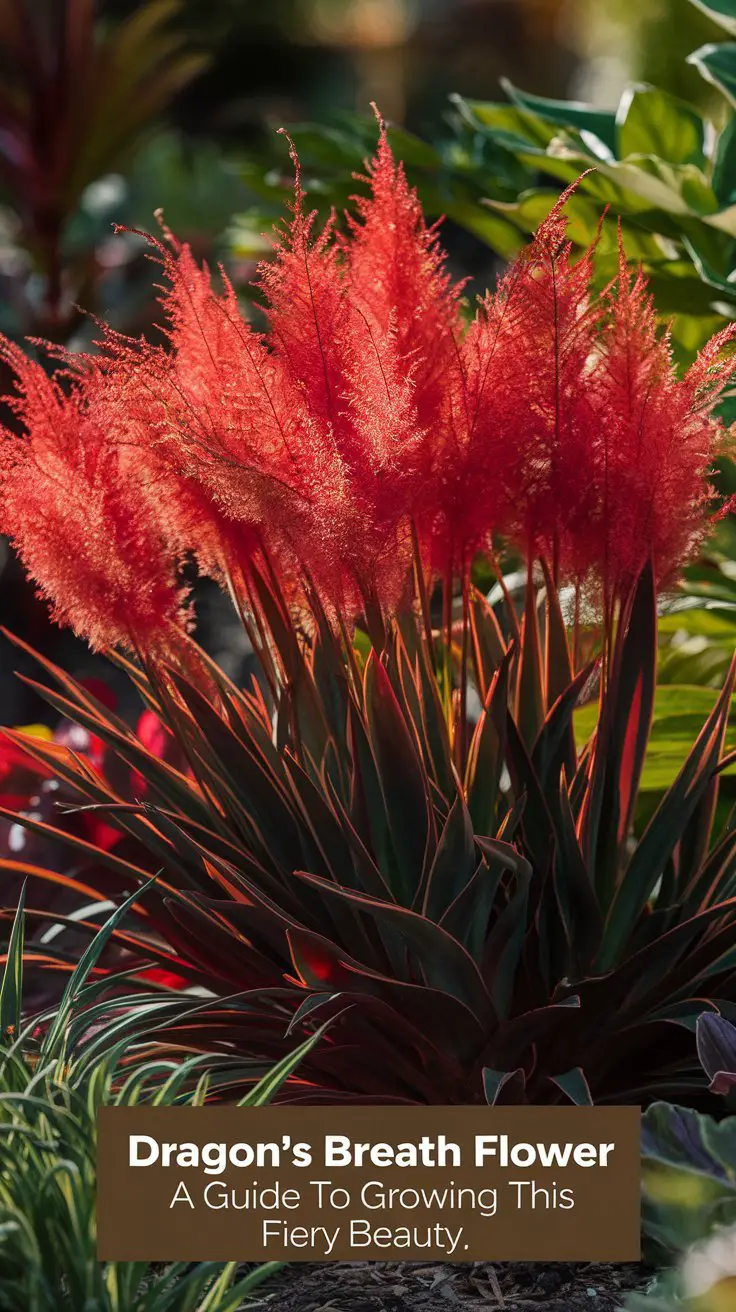 A vibrant garden scene featuring Dragon's Breath flowers used as a striking border plant and in a mass display for dramatic effect. The bold red plumes are complemented by contrasting yellow and purple flowers. A patio area shows Dragon's Breath in decorative containers and hanging baskets, thriving with proper drainage. Additionally, a vase with freshly cut Dragon's Breath flowers is placed indoors, showcasing their use as cut flowers.