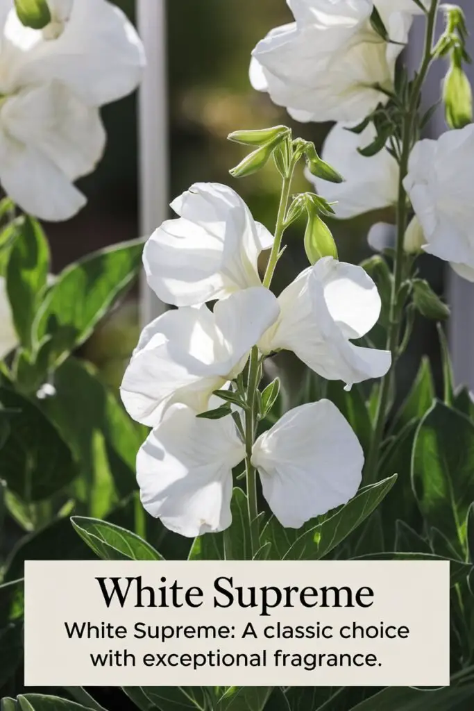 A close-up view of 'White Supreme' sweet pea featuring pure white blooms that stand 6-7 feet tall. The flowers are known for their exceptional fragrance, surrounded by lush green leaves. Soft sunlight illuminates the petals, highlighting their pristine color. The background consists of a serene garden setting to accentuate the elegance of these flowers. Text overlay reads, 'White Supreme: A Classic Choice with Exceptional Fragrance.

Sweet Pea