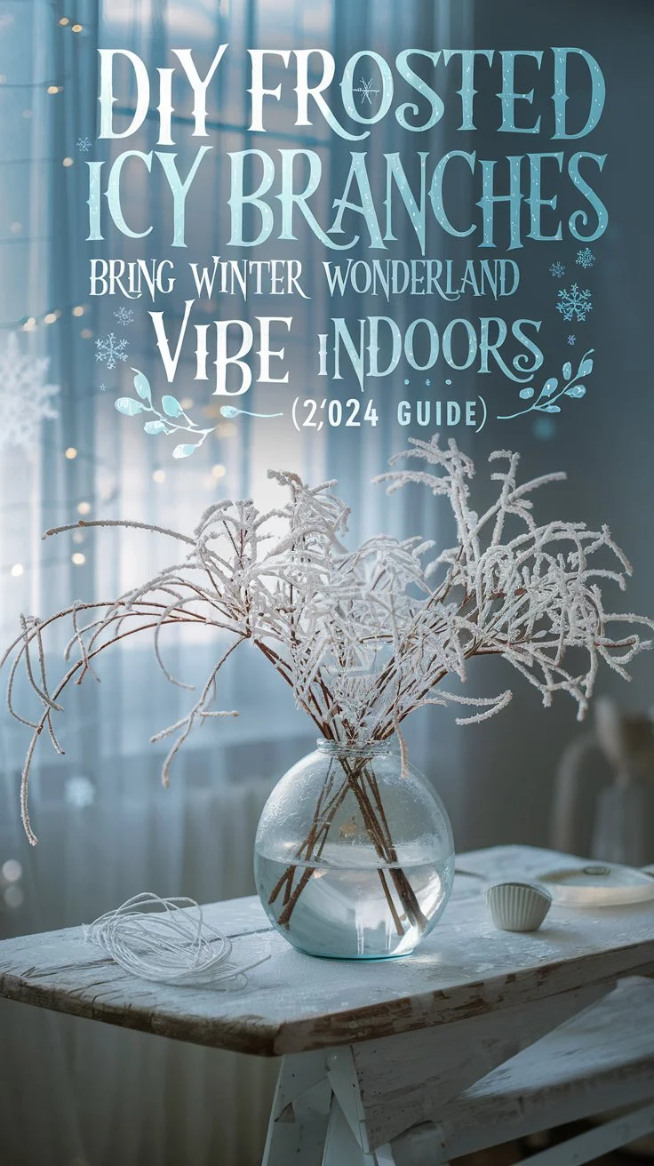 A cozy indoor setting featuring delicate branches coated with a frosted, icy effect, arranged elegantly in a glass vase on a rustic wooden table. Soft, glowing winter light filters through the window, casting a magical, wintry ambiance. The icy branches shimmer with a frosty sheen, creating a winter wonderland vibe indoors. The text overlay reads 'DIY Frosted Icy Branches: Bring Winter Magic Indoors (2024 Guide)' in a whimsical, frosty font, with cool blue and white tones to enhance the wintery feel. The overall atmosphere is serene, festive, and magical.