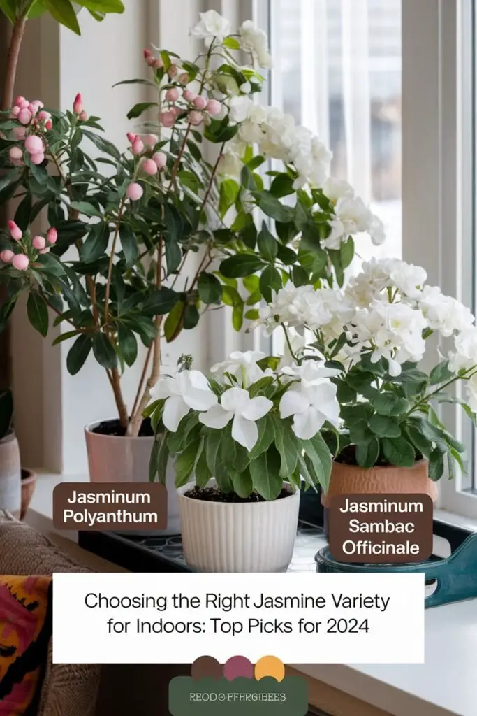 A cozy indoor space featuring beautiful potted jasmine plants. Showcasing different varieties, such as Jasminum polyanthum with pink buds, Jasminum sambac with its white, fragrant blooms, and Jasminum officinale with delicate star-shaped flowers. The pots are placed near a sunny window, surrounded by indoor décor, highlighting the plants’ elegance. The scene includes compact jasmine cultivars designed for small spaces, tying into 2024's trend for indoor gardening. Text overlay reads, 'Choosing the Right Jasmine Variety for Indoors: Top Picks for 2024.