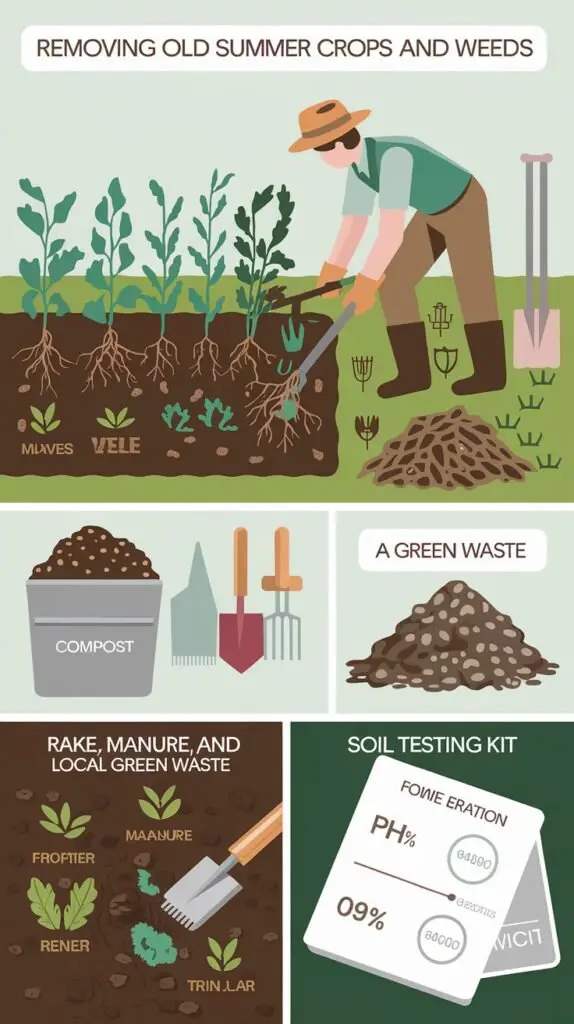 A garden scene showing a gardener removing old summer crops and weeds from the soil. fall gardenig Nearby, the gardener is adding compost, aged manure, and local green waste to enrich the soil. In the background, tools like a rake and shovel are visible, emphasizing the process of soil preparation. Another section highlights a soil testing kit, with results indicating pH and nutrient levels being adjusted. 