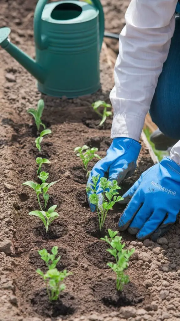 A gardener planting young Dragon's Breath seedlings in a sunny garden bed after the last frost. The plants are spaced 8-12 inches apart, ensuring enough room for growth. The scene shows rich, well-prepared soil, and the gardener carefully placing each seedling at the same depth as it was in the container. A watering can is nearby, emphasizing the importance of thoroughly watering after planting.