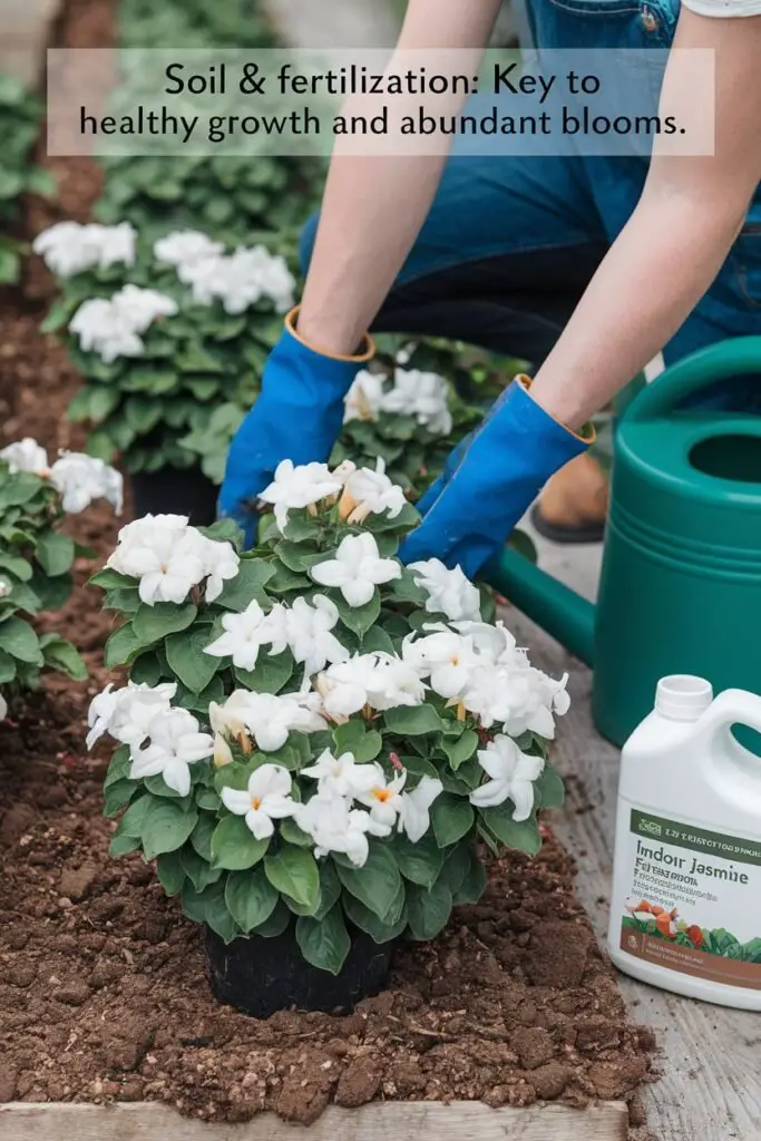 A gardener preparing soil for Indoor Jasmine Flower, using a well-draining, slightly acidic potting mix. The gardener is applying a balanced, water-soluble fertilizer during the growing season, with the flowers thriving in the garden bed. The vibrant white of Indoor Jasmine Flower, showcasing the plant's healthy growth. Nearby, a fertilizer container and watering can are ready for use. Text overlay reads, 'Soil & Fertilization: Key to Healthy Growth and Abundant Blooms.