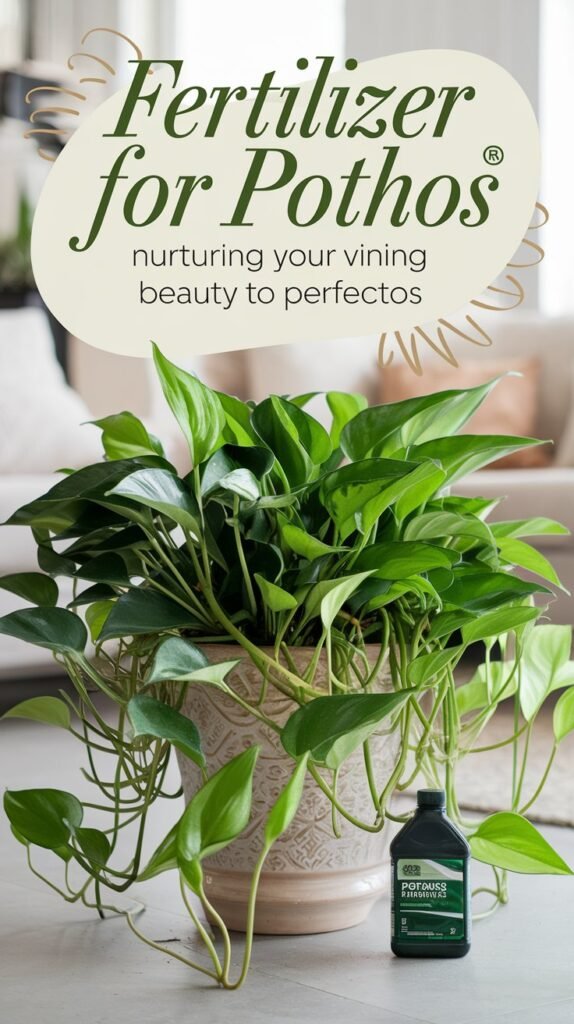 A healthy, thriving Pothos plant with long, cascading vines full of vibrant green leaves, placed in a decorative pot in a bright indoor space. Next to the plant is a bottle of fertilizer, with gentle light shining on both, symbolizing nourishment and growth. The leaves have a glossy, lush appearance, showcasing the plant’s perfect health. The background is a cozy, well-decorated living room, enhancing the beauty of the Pothos. The text overlay reads 'Fertilizer for Pothos: Nurturing Your Vining Beauty to Perfection' in a sleek, flowing font with shades of green and gold, representing vitality and care.