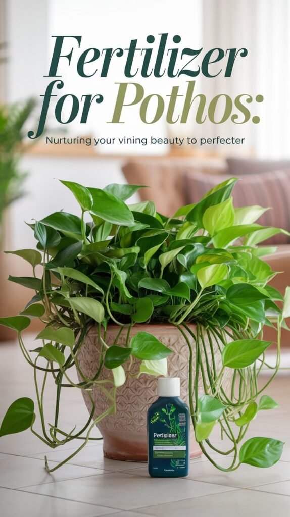 A healthy, thriving Pothos plant with long, cascading vines full of vibrant green leaves, placed in a decorative pot in a bright indoor space. Next to the plant is a bottle of fertilizer, with gentle light shining on both, symbolizing nourishment and growth. The leaves have a glossy, lush appearance, showcasing the plant’s perfect health. The background is a cozy, well-decorated living room, enhancing the beauty of the Pothos. The text overlay reads 'Fertilizer for Pothos: Nurturing Your Vining Beauty to Perfection' in a sleek, flowing font with shades of green and gold, representing vitality and care.