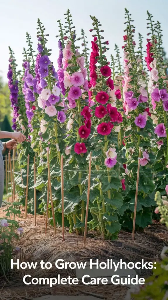 A beautiful garden showcasing tall hollyhocks in full bloom, with flowers in a range of colors including pink, red, white, and purple. The hollyhocks stand along a rustic wooden fence, bathed in bright sunlight, with rich soil at the base and mulch visible for moisture retention. A gardener is tending to the plants by watering and pruning. The background includes clear skies and other garden flowers, highlighting hollyhock care. Text overlay reads, 'How to Grow Hollyhocks: Complete Care Guide.