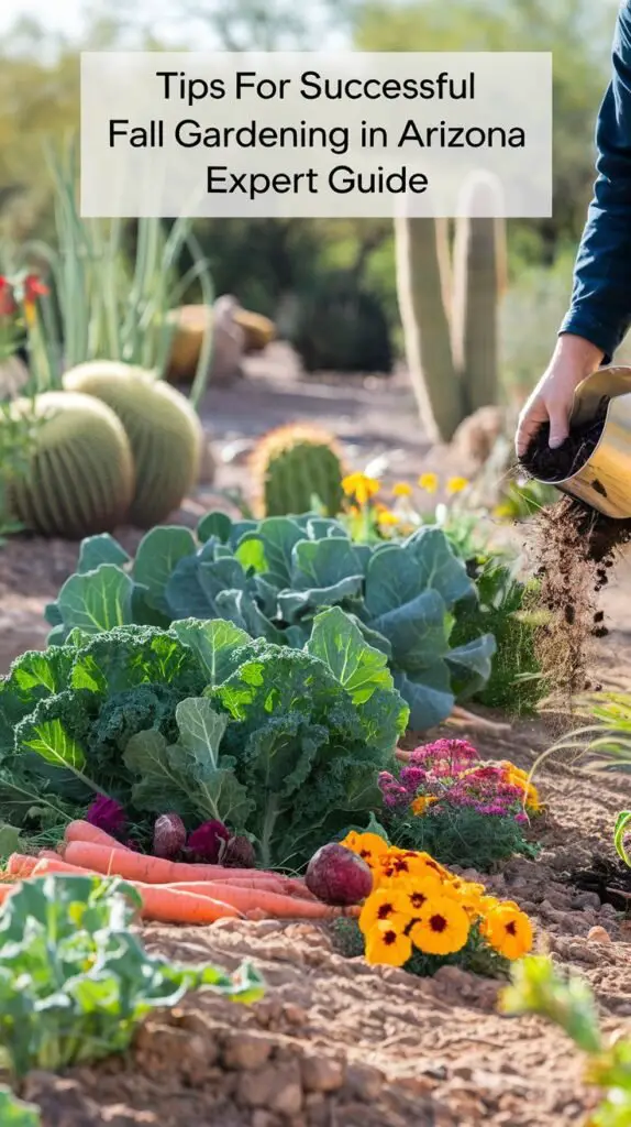 A beautiful fall garden in Arizona, featuring rows of well-maintained leafy greens like kale and arugula, root vegetables such as carrots and beets, and colorful native flowers like desert marigold. The background includes desert-adapted plants like cacti, illustrating Arizona’s unique environment. A gardener is seen adding compost to the soil, while sunlight filters through the scene, enhancing the growth. The text overlay reads, 'Tips for Successful Fall Gardening in Arizona: Expert Guide