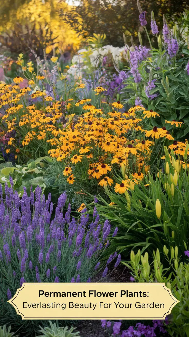 An enchanting garden filled with a variety of long-lasting flowering plants like lavender, black-eyed Susans, and daylilies in full bloom. The flowers are thriving in a well-maintained, colorful landscape that suggests year-round beauty and low-maintenance care. The scene is bathed in soft golden sunlight, giving a peaceful and inviting atmosphere. A label reading 'Permanent Flower Plants: Everlasting Beauty for Your Garden' hints at the timeless charm and reliability of these perennial plants for any garden design.