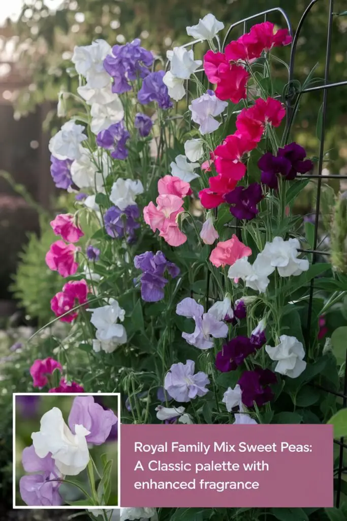 A vibrant collection of 'Royal Family Mix' sweet pea in a garden setting, showcasing a delightful mix of white, pink, lavender, and deep purple blooms. The flowers are climbing gracefully up a trellis, reaching heights of 5-6 feet. The background features lush greenery and soft sunlight filtering through the petals, creating an inviting atmosphere. Include a close-up of the blossoms to highlight their moderate to strong fragrance. Text overlay reads, 'Royal Family Mix Sweet Pea: A Classic Palette with Enhanced Fragrance.'"

Sweet Pea