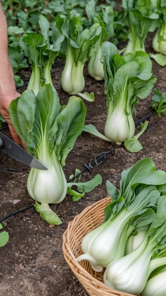 A satisfying garden scene showing the harvest of mature bok choi plants. In the foreground, a gardener carefully cuts the entire plant at the base, while another plant shows a few outer leaves being picked for continuous harvest. The bok choi plants stand 6-8 inches tall, healthy and vibrant, ready for harvesting 4-6 weeks after planting. A basket of freshly harvested bok choi sits nearby, emphasizing the reward of homegrown produce. 