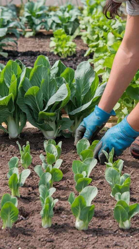 A productive garden scene showcasing the practice of succession planting for bok choi. In the foreground, a gardener plants new seeds and seedlings every 2-3 weeks, with mature bok choi plants growing nearby. The scene emphasizes the consistent planting schedule, ensuring a steady supply before temperatures rise above 75°F (24°C). In the background, young bok choi plants are thriving under late-summer sunlight, preparing for a fall crop. Text overlay reads, 'Succession Planting for Bok Choi: Steady Harvest All Season.