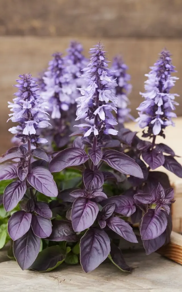 Purple sweet basil is an aromatic herb with vibrant purple leaves and a rich, sweet flavor, commonly used in cooking and as a garnish, thriving in full sun and well-draining soil.