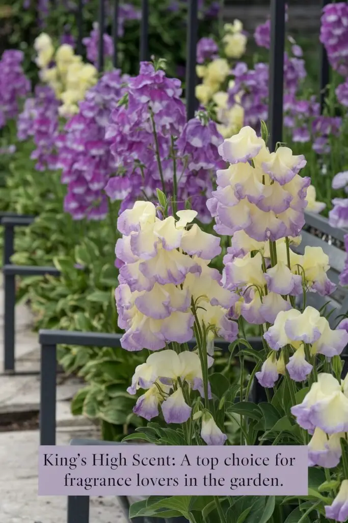 A beautiful display of 'King's High Scent' sweet pea showcasing creamy blooms with lavender edges, reaching heights of 6-8 feet. Known for their very strong fragrance, these flowers create a captivating atmosphere in a garden. Captured in a sensory garden setting, the blooms are positioned near seating areas, inviting enjoyment of their intense scent. Text overlay reads, 'King's High Scent: A Top Choice for Fragrance Lovers in the Garden.

Sweet Pea