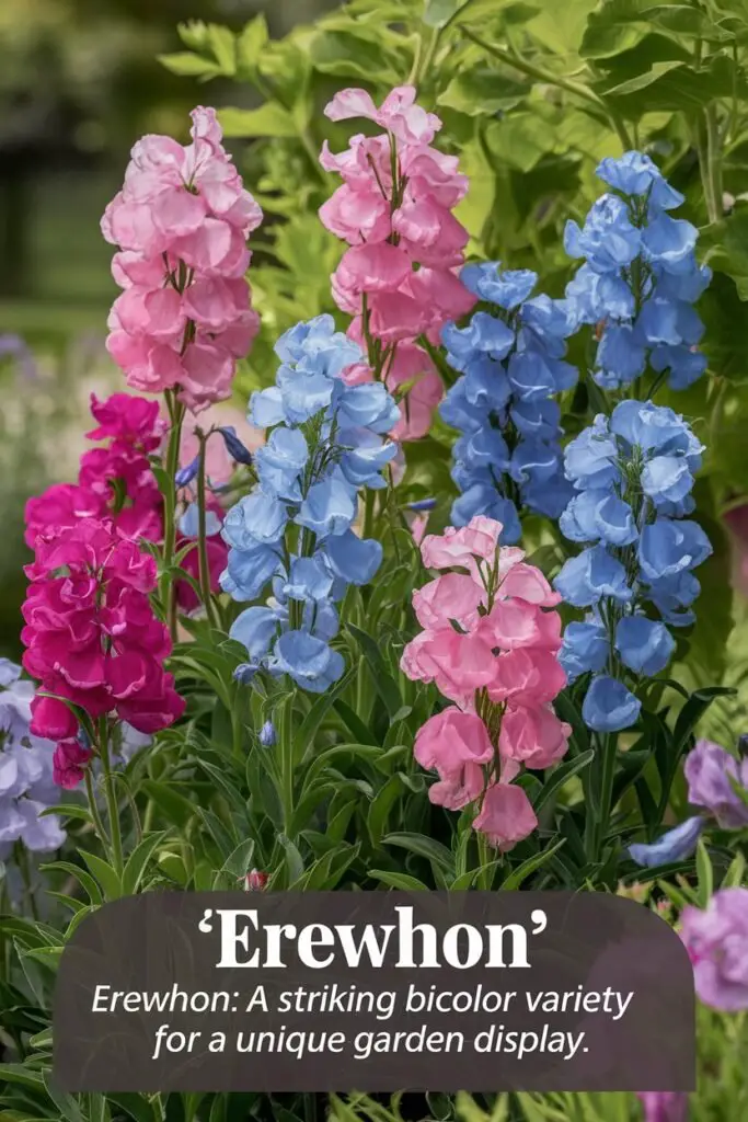 A stunning arrangement of 'Erewhon' sweet pea featuring bicolor blooms with pink standards and blue wing petals, reaching heights of 5-6 feet. The moderate fragrance fills the air as the flowers are captured in a lush garden setting. The unique reverse bicolor combination stands out against the vibrant green foliage. Text overlay reads, 'Erewhon: A Striking Bicolor Variety for a Unique Garden Display.

Sweet Pea