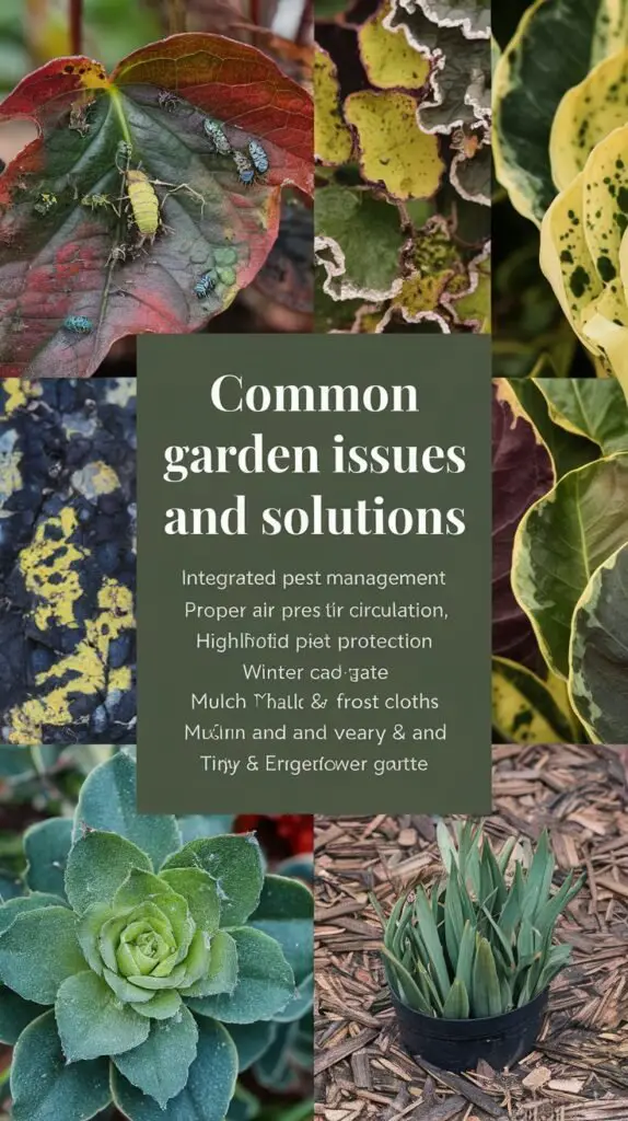 An image of a variety of garden plants showing common issues such as pest infestations, fungal diseases, and winter die-back. Close-up shots feature damaged leaves with pests like aphids and caterpillars, yellowing or spotted foliage indicating disease, and plants covered with a protective layer of mulch for winter protection. The image text reads, 'Common Garden Issues and Solutions,' highlighting integrated pest management, proper air circulation, and winter care with mulch and frost cloths. Tips for prevention and treatment are included in a clean, readable font.

Permanent Flower