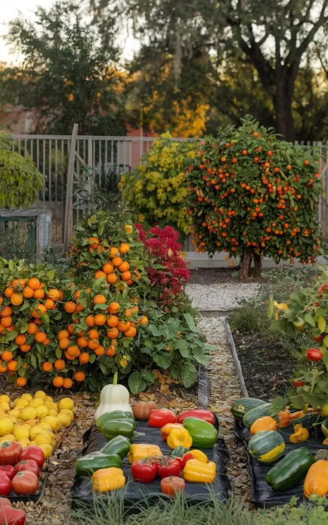 Florida's fall garden features a variety of cool-season crops such as lettuce, spinach, kale, and radishes, as well as colorful flowering plants like pansies and marigolds, 