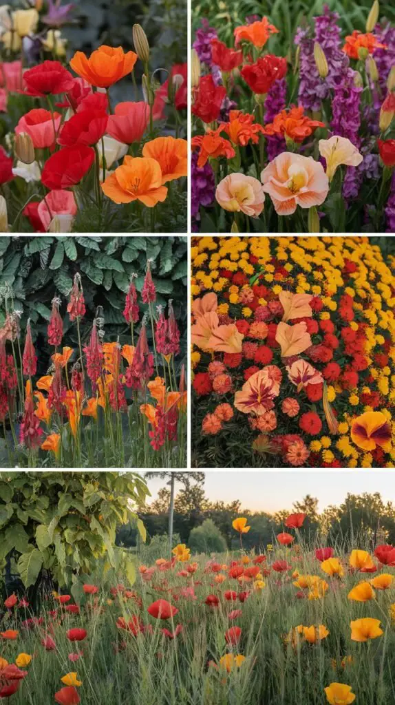 A vibrant garden design featuring red and orange flowers, such as poppies, lilies, and begonias. Show these flowers arranged in different styles: monochromatic beds with varying shades of red and orange, a complementary scheme pairing them with purple flowers, and a fall-themed garden with yellow blooms. Include a lush tropical garden setting with green foliage for an exotic look, and a wildflower meadow incorporating red poppies and orange California poppies, creating a natural, colorful display.