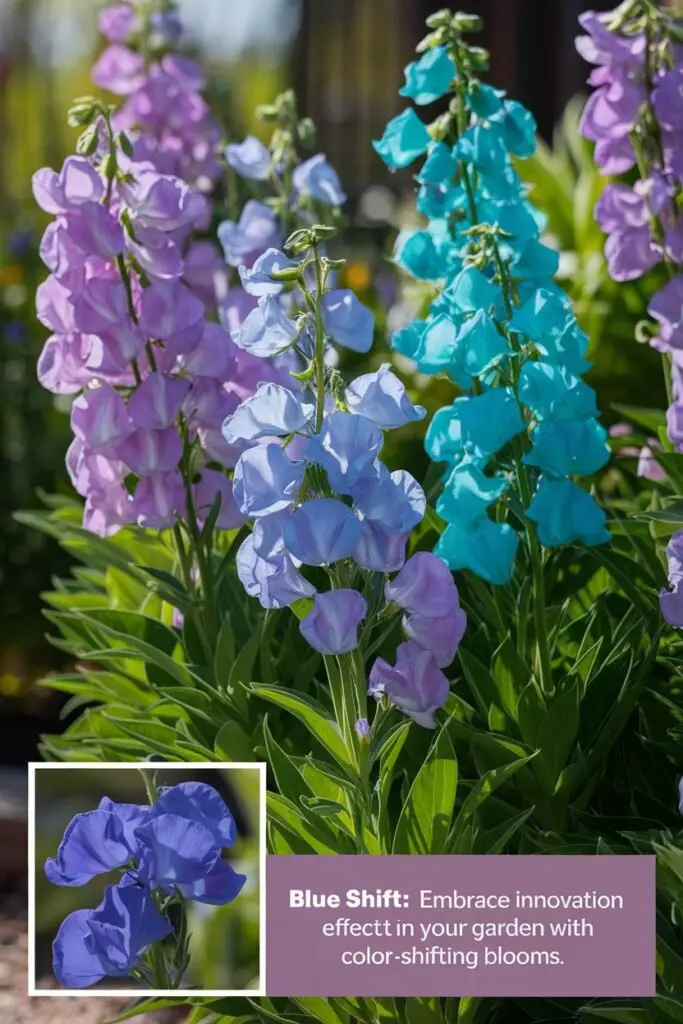 A captivating scene featuring 'Blue Shift' sweet pea in a vibrant garden, showcasing flowers transitioning from lilac to turquoise blue as they mature. The plants grow 5-6 feet tall, with lush green foliage surrounding them. Sunlight highlights the unique color-changing effect of the blooms. Include a close-up of the flowers to emphasize their moderate fragrance. Text overlay reads, 'Blue Shift: Embrace Innovation in Your Garden with Color-Shifting Blooms.

Sweet Pea