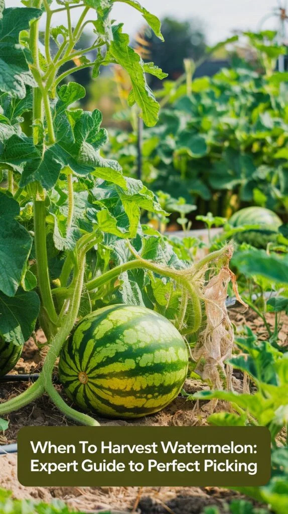 A vibrant summer garden with lush green watermelon vines. A ripe watermelon with a yellow patch on the ground, a dried tendril near the stem, and a gardener gently tapping it to test for a hollow sound. The bright sunlight highlights the lush greenery and the watermelon, ready for harvest. In the background, more watermelons grow amidst healthy vines. Text overlay reads, 'When to Harvest Watermelon: Expert Guide to Perfect Picking.'