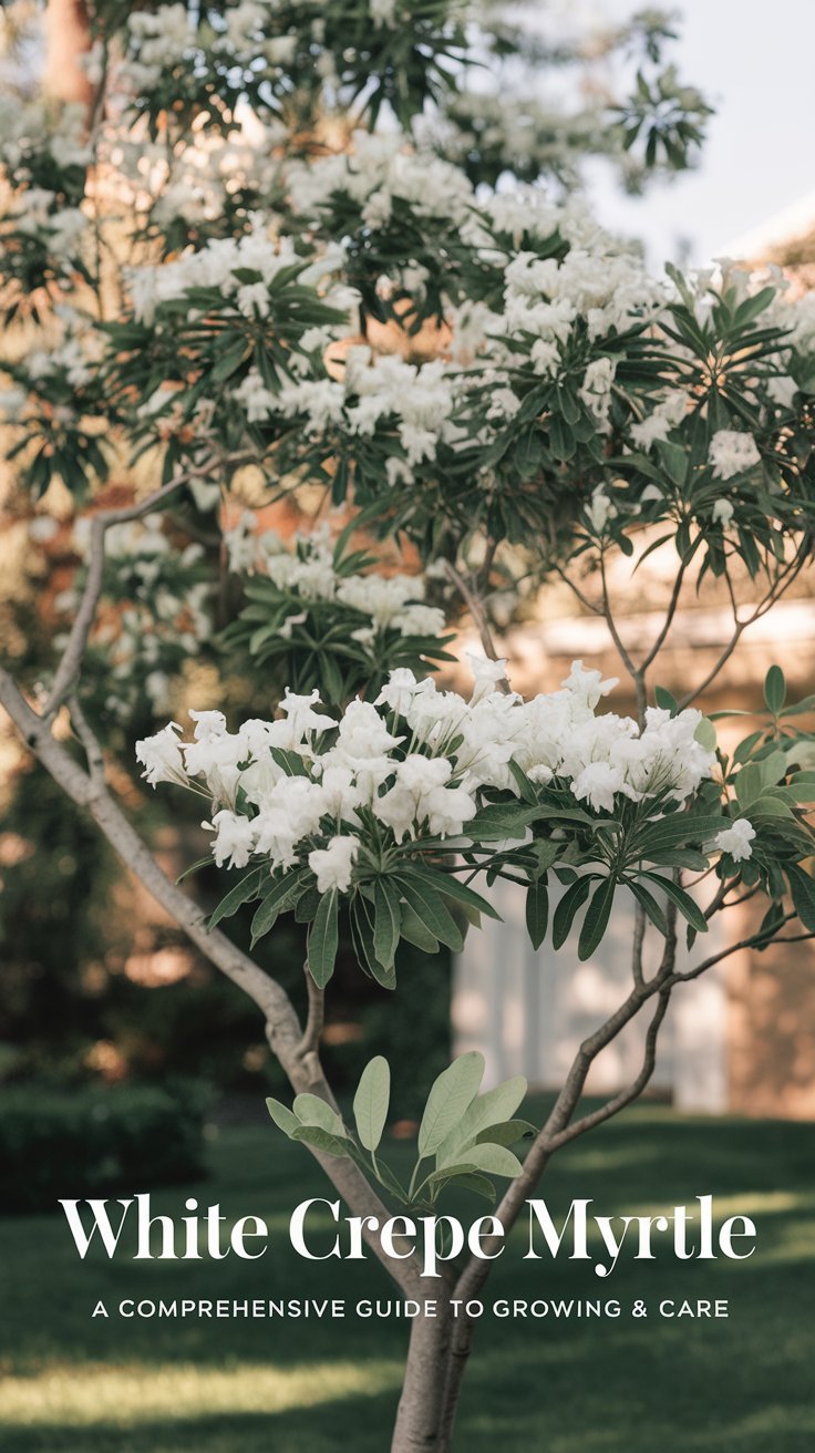 A stunning close-up of a White Crepe Myrtle in full bloom, with its delicate, crisp white flowers clustered on the branches, creating a bright contrast against its deep green foliage. The smooth bark and slender trunk of the tree add to the visual appeal. The background features a sunlit garden with a soft focus, enhancing the tree’s beauty and elegance. The text overlay reads 'White Crepe Myrtle: A Comprehensive Guide to Growing & Care' in an elegant, clean font with soft white and green tones, highlighting the tree’s grace and care requirements.