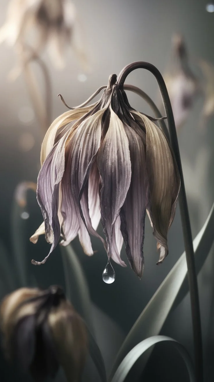 Create an emotional, poetic scene centered around a single withered flower, with soft, muted colors like pale browns, faded purples, and soft greys. The flower should have delicate petals that look like they're falling or curling inward, symbolizing the passing of time. A single tear drop, glistening with a soft reflection, should be falling onto or resting on one of the petals. The background is softly blurred, with a mix of dreamy light and shadow, evoking a sense of melancholy and beauty. The scene should feel ethereal and delicate, highlighting the contrast between decay and lingering beauty.