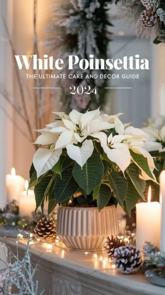 White Poinsettias (*Euphorbia pulcherrima*) are popular holiday plants featuring creamy white bracts surrounding tiny yellow flowers, offering a striking alternative to traditional red poinsettias.