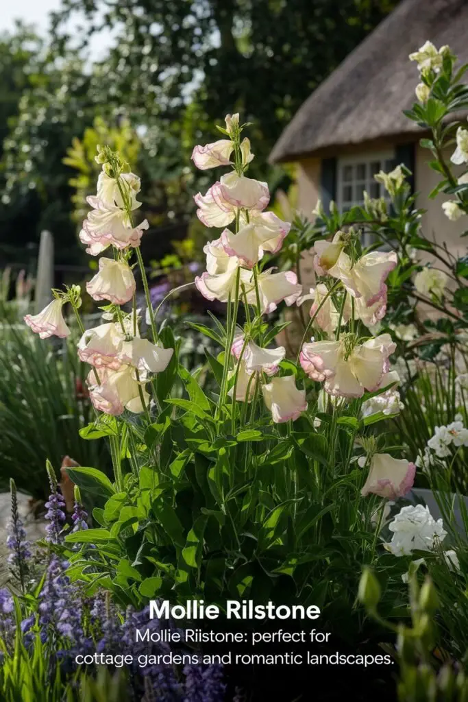 A beautiful garden scene featuring 'Mollie Rilstone' sweet pea with cream flowers adorned with a delicate pink picotee edge. The plants grow 6-8 feet tall, surrounded by lush greenery. Sunlight gently illuminates the blooms, highlighting their strong fragrance. Include a cozy cottage in the background to reflect the trend of using this variety in romantic landscape themes. Text overlay reads, 'Mollie Rilstone: Perfect for Cottage Gardens and Romantic Landscapes.

Sweet Pea