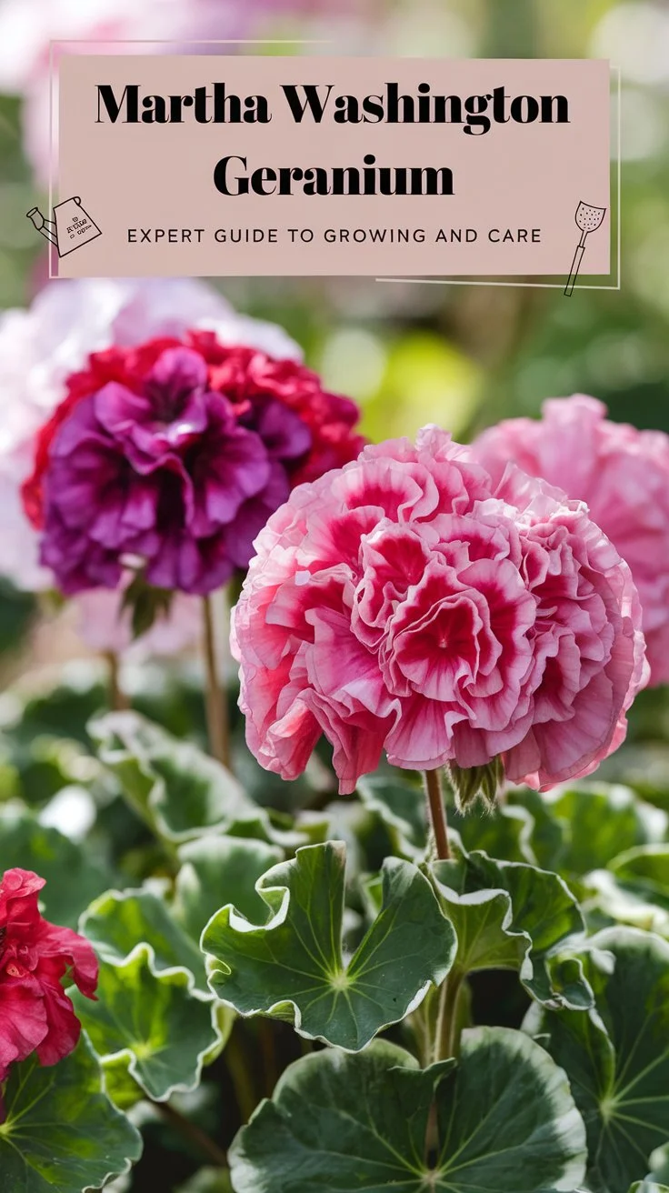 Create an attractive Pinterest pin centered on the Martha Washington Geranium, showcasing its vibrant, ruffled petals in rich shades of pink, purple, or red. Use a garden background with soft, natural lighting to highlight the plant’s beauty and lush green leaves. Include a text overlay that reads: Martha Washington Geranium: Expert Guide to Growing and Care, using an elegant, easy-to-read font. Add a few subtle gardening icons or accents, like a watering can or soil spade, to convey a sense of expert care.