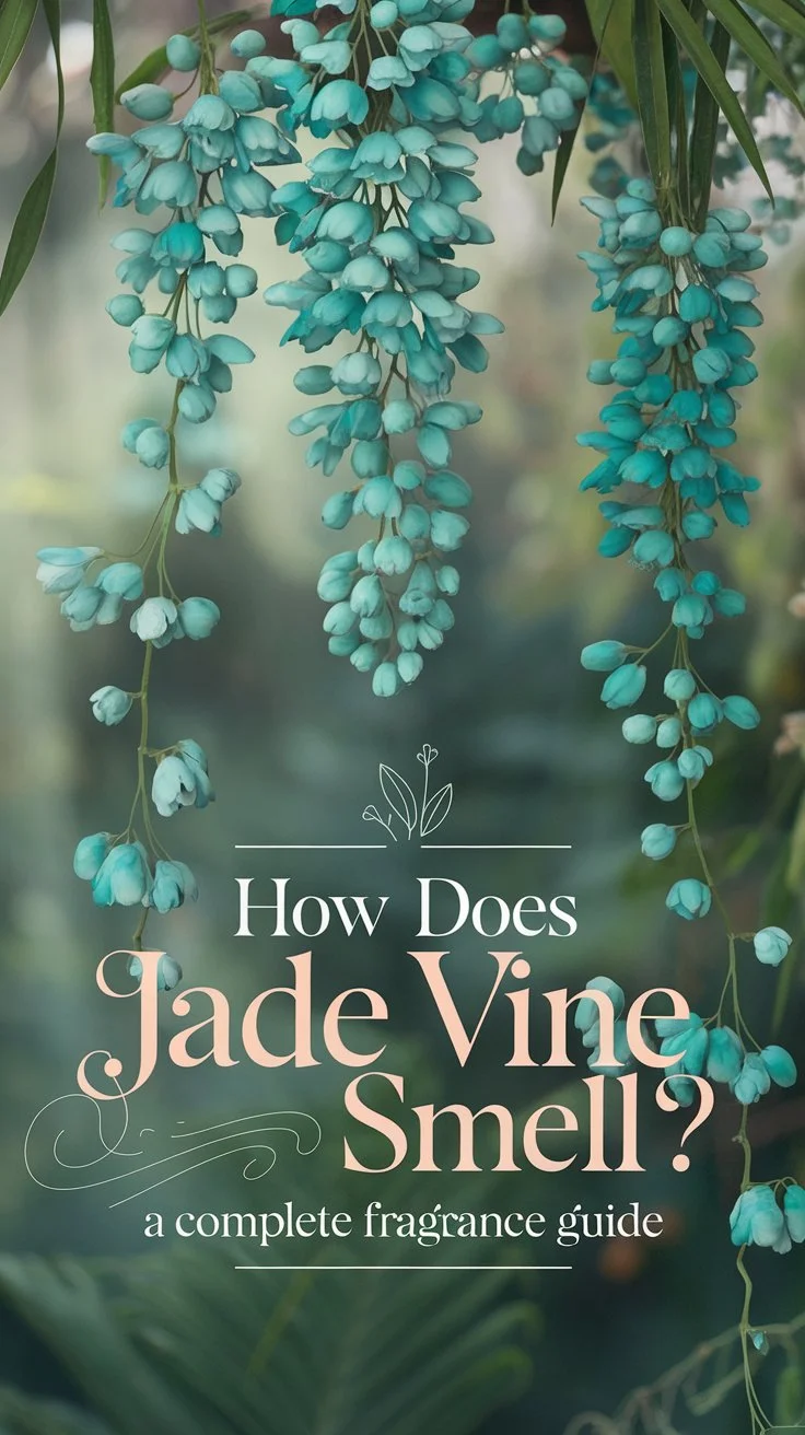 Design a Pinterest pin focusing on the enchanting Jade Vine, with its unique turquoise-blue, claw-shaped flowers displayed against a soft, blurred jungle or botanical garden background. Capture the vine cascading gracefully to evoke an exotic atmosphere. Use a text overlay that reads: How Does Jade Vine Smell? A Complete Fragrance Guide, in a refined, delicate font that matches the plant's elegance. Incorporate a faint icon or subtle accent of scent waves or floral elements to suggest the fragrance theme, making it visually appealing and inviting for nature lovers.