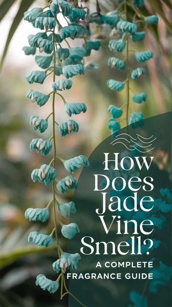 Design a Pinterest pin focusing on the enchanting Jade Vine, with its unique turquoise-blue, claw-shaped flowers displayed against a soft, blurred jungle or botanical garden background. Capture the vine cascading gracefully to evoke an exotic atmosphere. Use a text overlay that reads: How Does Jade Vine Smell? A Complete Fragrance Guide, in a refined, delicate font that matches the plant's elegance. Incorporate a faint icon or subtle accent of scent waves or floral elements to suggest the fragrance theme, making it visually appealing and inviting for nature lovers.