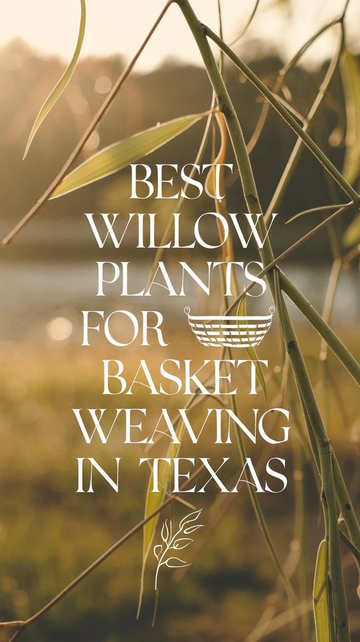 Create a Pinterest pin that showcases a rustic, natural theme, featuring various willow plants like Black Willow, Coyote Willow, and Prairie Willow, with close-up shots of their flexible stems and slender leaves. Incorporate a warm, earthy background that reflects a Texas landscape, such as a sunlit field or riverside setting. Include a text overlay reading: Best Willow Plants for Basket Weaving in Texas, using a clean, earthy font to match the natural theme. Subtly integrate an icon of a woven basket or willow stem to highlight the crafting aspect, making the pin appealing and informative for basket weavers and nature enthusiasts alike.