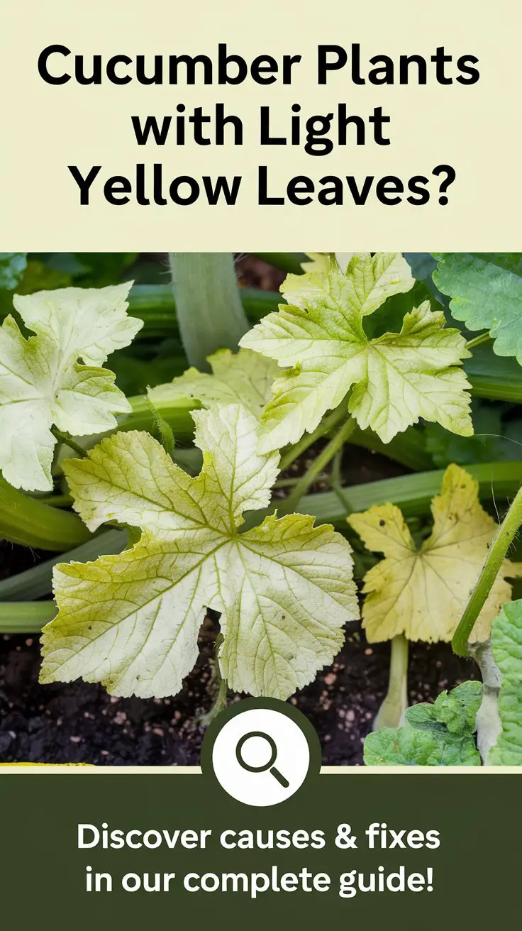 Design a Pinterest pin for the topic "Cucumber Plants with Light Yellow Leaves: Complete Diagnosis and Treatment Guide." The image should feature a close-up of a cucumber plant showing light yellowing on its leaves, set against a garden background. Use a clear, bright image that highlights the issue, making it easy for gardeners to relate. At the top, use bold, attention-grabbing text: “Cucumber Plants with Light Yellow Leaves?”. Below that, in smaller, easy-to-read text, include a call-to-action like: “Discover Causes & Fixes in Our Complete Guide!”. Incorporate subtle graphic elements like a magnifying glass icon near the yellow leaves to emphasize the diagnostic aspect. Keep the design clean with a focus on green and yellow tones that represent both healthy and affected plant conditions, ensuring the pin is both visually appealing and informative.