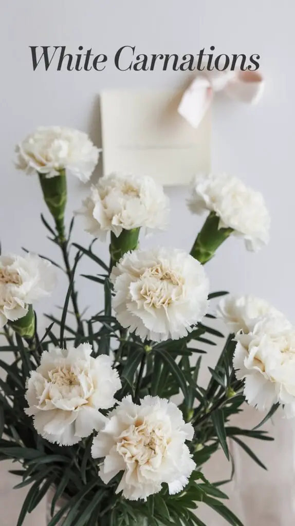 White carnations are elegant flowers symbolizing purity and good luck, often used in bouquets and arrangements for their long-lasting blooms and subtle, clove-like fragrance.