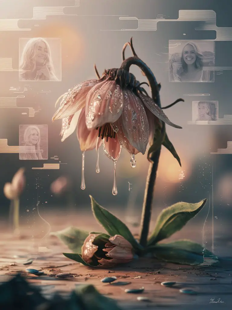 Create a serene composition featuring a withered flower with glistening tears on its petals, surrounded by a softly blurred backdrop of a digital landscape—like a pixelated horizon or abstract shapes symbolizing the fast-paced digital world. Incorporate elements representing the reflections:

Embrace Imperfection: Add gentle imperfections to the flower's petals, emphasizing their unique shapes.
Honor Memories: Include faint, translucent images of joyful moments (like laughter or gatherings) around the flower, like echoes of the past.
Practice Mindfulness: Use soft lighting to create a calm atmosphere, inviting viewers to pause and reflect.
Find Beauty in Decay: Highlight intricate details of the flower, showcasing its beauty in decay.
Cultivate Resilience: Scatter small seeds around the base, symbolizing new beginnings.
The overall mood should evoke a sense of introspection and resilience, encouraging viewers to appreciate the beauty in both life’s fleeting moments and its enduring cycles.