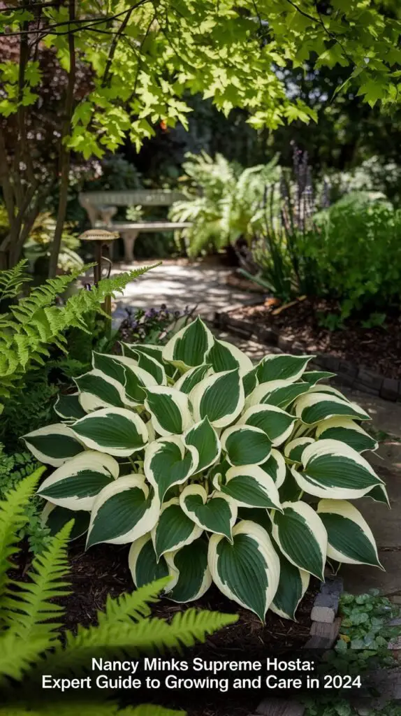 Nancy Minks Supreme Hosta is a shade-loving perennial with large, heart-shaped green leaves edged in creamy white, known for its lush foliage and lavender flowers in summer.