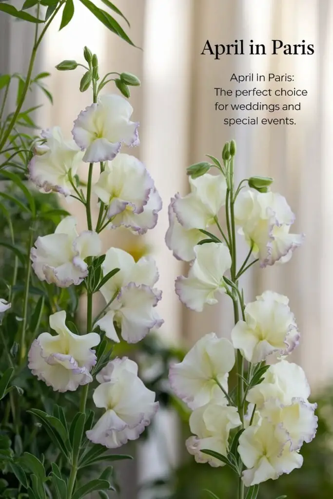 A stunning display of 'April in Paris' sweet pea in a serene garden setting, showcasing cream-colored blooms with a delicate lilac picotee edge. The flowers are climbing elegantly, reaching heights of 6-7 feet. The background features a soft-focus of lush green foliage, with sunlight illuminating the petals. Include a close-up of the blossoms to emphasize their strong fragrance with notes of orange blossom. Text overlay reads, 'April in Paris: The Perfect Choice for Weddings and Special Events.

Sweet Pea