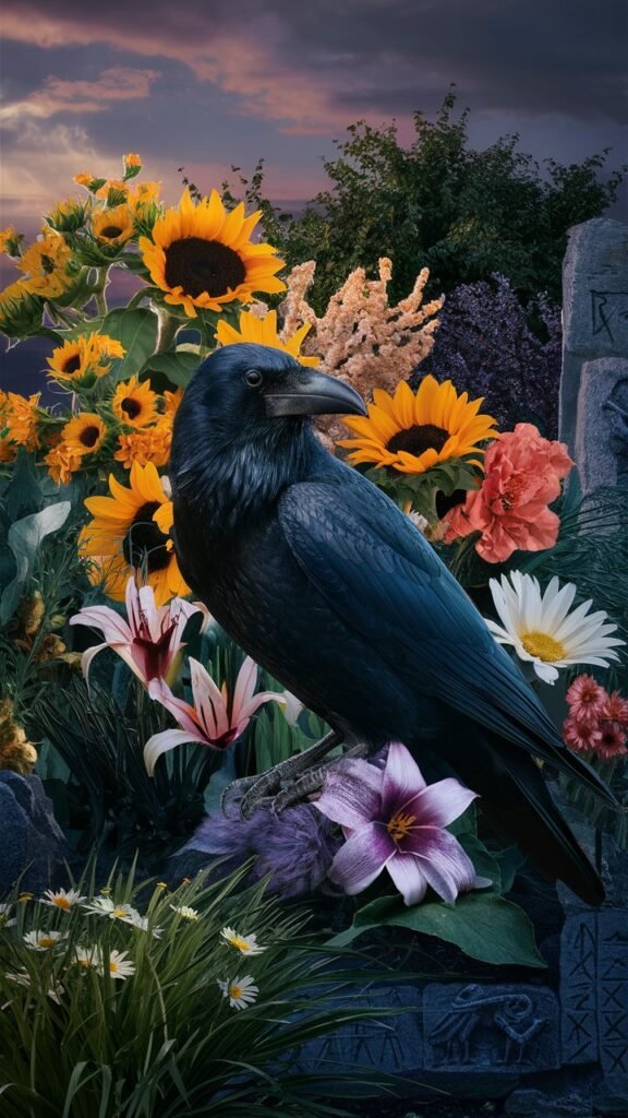 Ravens, often associated with mystery and intelligence, can create a striking contrast when seen among flowers, particularly vibrant blooms like red roses or white lilies, adding