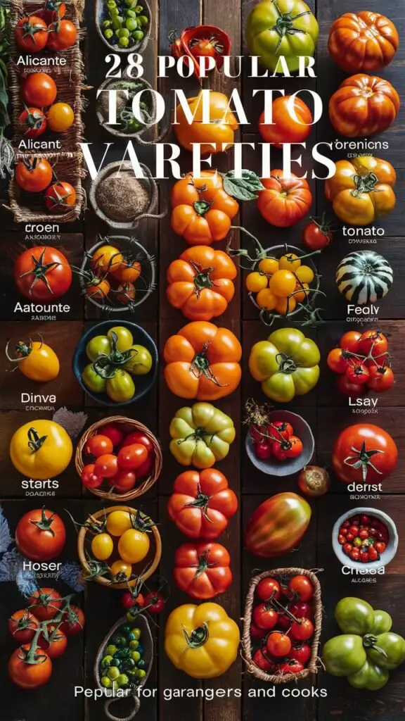 A Pinterest-friendly vertical image showcasing a colorful and eye-catching arrangement of 28 popular tomato varieties, with each variety labeled for easy identification. The background features a rustic wooden table or garden setting, with tomatoes displayed in baskets, bowls, and directly on the surface. Varieties like the bright red Alicante, golden-yellow Sun Gold, dark purple Black Krim, and green-striped Green Zebra are arranged to create a visually striking contrast. The text overlay at the top reads, '28 Popular Tomato Varieties (2024 Guide)' in bold, clear font. At the bottom, a smaller tagline like 'Perfect for Gardeners and Cooks' is included. The pin has a fresh and vibrant feel, appealing to both gardening enthusiasts and home cooks.