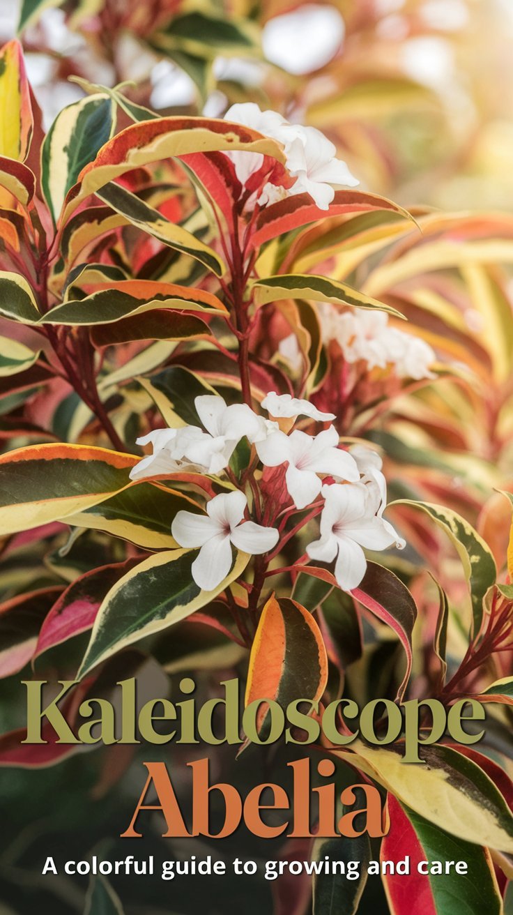 A photo of a vibrant close-up of Kaleidoscope Abelia. The plant has colorful foliage with shades of green, yellow, orange, and red, along with delicate white blooms. The leaves form a striking pattern, creating a visual kaleidoscope effect. The background is a sunlit garden scene, softly blurred to focus attention on the plant’s colorful display. The text overlay reads 'Kaleidoscope Abelia: A Colorful Guide to Growing and Care' in a modern, bold font with warm orange and green tones, reflecting the plant's dynamic and lively appearance.